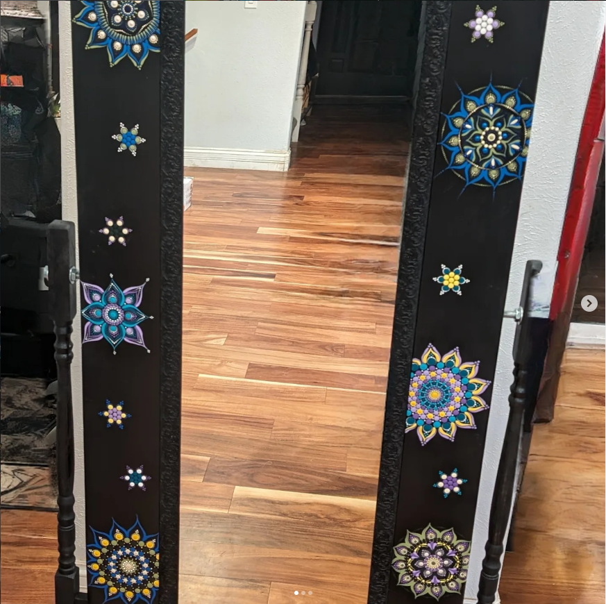 Finished custom mandala standing mirror with detailed painted border