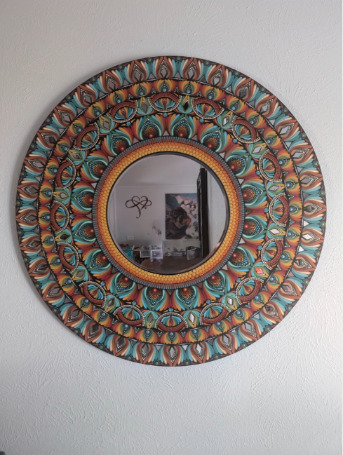 Handmade mandala wall mirror with painted pattern