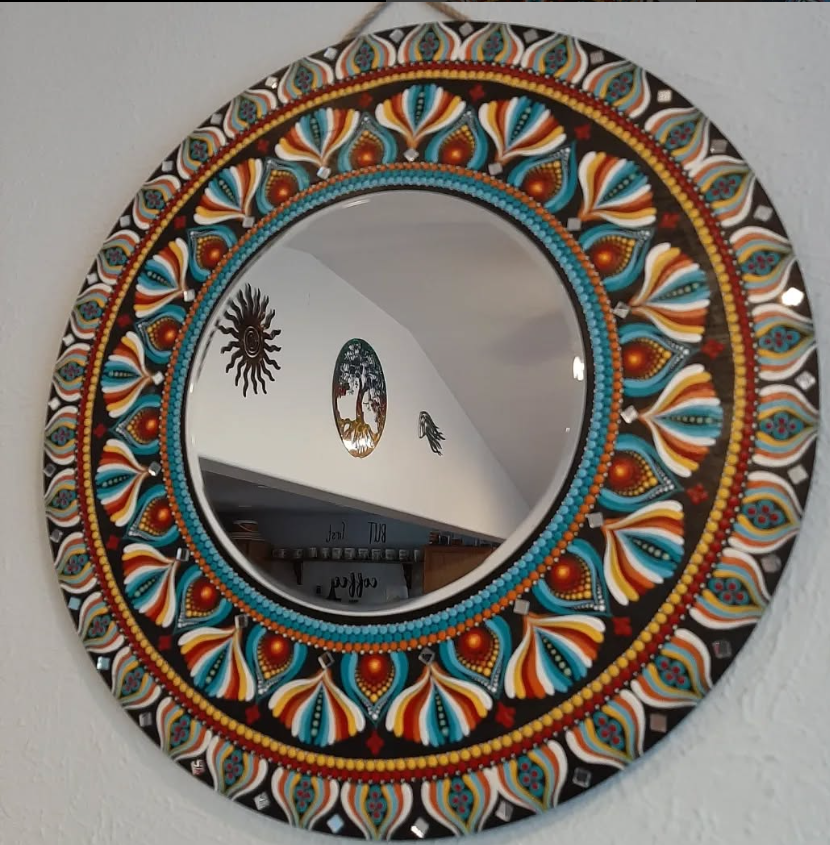 Wall mirror with handmade mandala art around the border